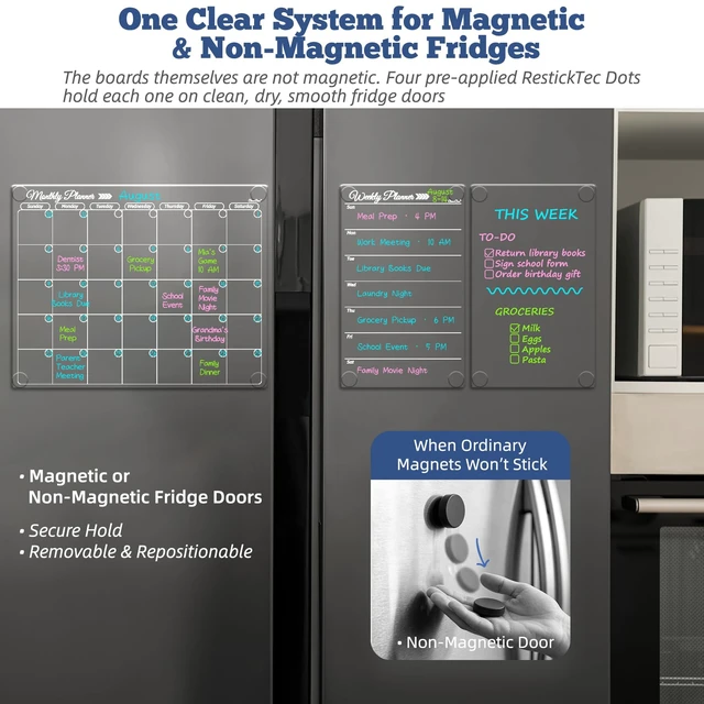 Alt view image 2 of 6 - Clear Non-Magnetic Calendar Set for Fridge - Dry Erase Transparent Monthly, Weekly Calendar and Blank Board - Sticks to Wall, Glass, Door, Any Smooth Surfaces