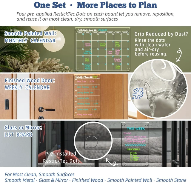 Alt view image 5 of 6 - Clear Non-Magnetic Calendar Set for Fridge - Dry Erase Transparent Monthly, Weekly Calendar and Blank Board - Sticks to Wall, Glass, Door, Any Smooth Surfaces