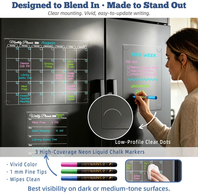 Alt view image 6 of 6 - Clear Non-Magnetic Calendar Set for Fridge - Dry Erase Transparent Monthly, Weekly Calendar and Blank Board - Sticks to Wall, Glass, Door, Any Smooth Surfaces