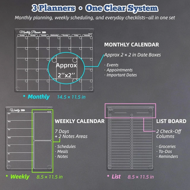 Alt view image 4 of 6 - Clear Non-Magnetic Calendar Set for Fridge - Dry Erase Transparent Monthly, Weekly Calendar and List Board - Sticks to Wall, Glass, Door, Any Smooth Surfaces