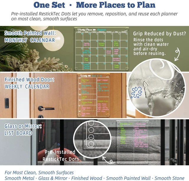 Alt view image 5 of 6 - Clear Non-Magnetic Calendar Set for Fridge - Dry Erase Transparent Monthly, Weekly Calendar and List Board - Sticks to Wall, Glass, Door, Any Smooth Surfaces