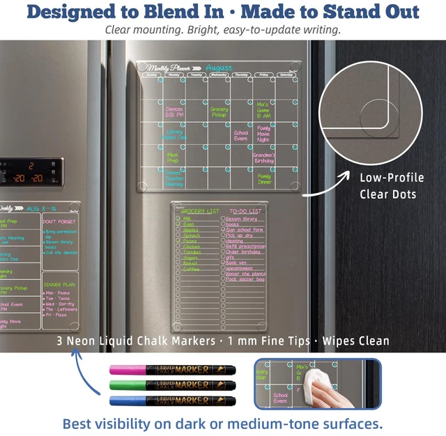 Alt view image 6 of 6 - Clear Non-Magnetic Calendar Set for Fridge - Dry Erase Transparent Monthly, Weekly Calendar and List Board - Sticks to Wall, Glass, Door, Any Smooth Surfaces