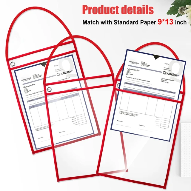 Alt view image 2 of 6 - 50 Pack Job Ticket Holders Work Order Plastic Sleeves,Red 9x12" Shop Ticket Holders, Repair Order Sleeves with Strap, Clear Plastic Both Sides, Hanging Design for Factory, Dry Erase