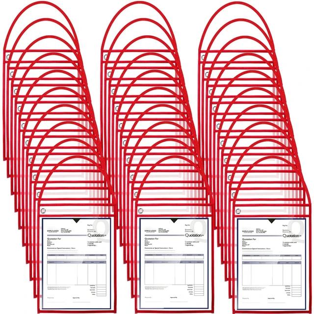 Main image of 50 Pack Job Ticket Holders Work Order Plastic Sleeves,Red 9x12" Shop Ticket Holders, Repair Order Sleeves with Strap, Clear Plastic Both Sides, Hanging Design for Factory, Dry Erase