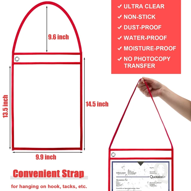 Alt view image 3 of 6 - 50 Pack Job Ticket Holders Work Order Plastic Sleeves,Red 9x12" Shop Ticket Holders, Repair Order Sleeves with Strap, Clear Plastic Both Sides, Hanging Design for Factory, Dry Erase