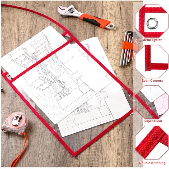 Alt view image 4 of 6 - 50 Pack Job Ticket Holders Work Order Plastic Sleeves,Red 9x12" Shop Ticket Holders, Repair Order Sleeves with Strap, Clear Plastic Both Sides, Hanging Design for Factory, Dry Erase