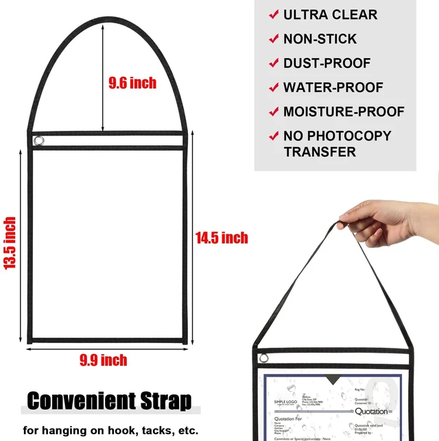 Alt view image 2 of 6 - 50 Pack Job Ticket Holders Work Order Plastic Sleeves,Black 9x12" Shop Ticket Holders, Repair Order Sleeves with Strap, Clear Plastic Both Sides, Hanging Design for Factory, Dry Erase