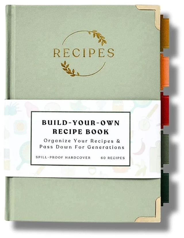 Main image of Blank Recipe Notebook Small Blank Recipe Book to Write in Your Own Recipes Artisan Hardcover Journal for 60 Recipes 8.4 x 6 Leather Sage Green & Gold Hardcover Tabs, Stickers, Pocket & Bookmarks