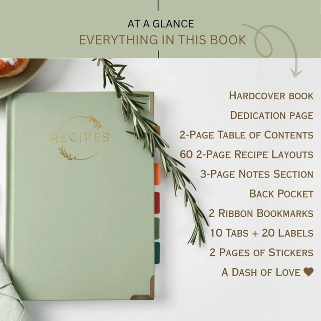 Alt view image 3 of 7 - Blank Recipe Notebook Small Blank Recipe Book to Write in Your Own Recipes Artisan Hardcover Journal for 60 Recipes 8.4 x 6 Leather Sage Green & Gold Hardcover Tabs, Stickers, Pocket & Bookmarks