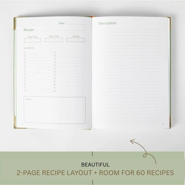 Alt view image 4 of 7 - Blank Recipe Notebook Small Blank Recipe Book to Write in Your Own Recipes Artisan Hardcover Journal for 60 Recipes 8.4 x 6 Leather Sage Green & Gold Hardcover Tabs, Stickers, Pocket & Bookmarks