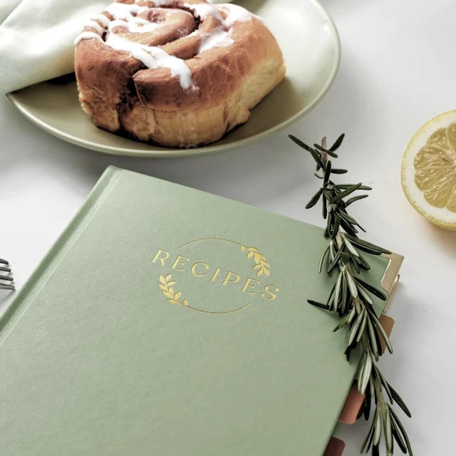 Alt view image 5 of 7 - Blank Recipe Notebook Small Blank Recipe Book to Write in Your Own Recipes Artisan Hardcover Journal for 60 Recipes 8.4 x 6 Leather Sage Green & Gold Hardcover Tabs, Stickers, Pocket & Bookmarks