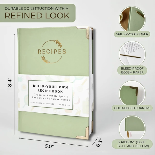 Alt view image 2 of 7 - Blank Recipe Notebook Small Blank Recipe Book to Write in Your Own Recipes Artisan Hardcover Journal for 60 Recipes 8.4 x 6 Leather Sage Green & Gold Hardcover Tabs, Stickers, Pocket & Bookmarks