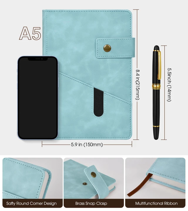 Alt view image 2 of 7 - A5 Lined Leather Journal, 5.9" x 8.4", Hardcover Notebook with Pen 200 Pages 100GSM Thick Ruled Paper, Daily Journal for Men, Women, Work, School, Travel, Business, Home Writing Journaling Set