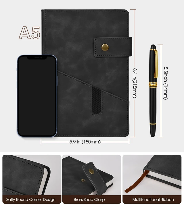 Alt view image 2 of 7 - A5 Lined Leather Journal, 5.9" x 8.4", Hardcover Notebook with Pen 200 Pages 100GSM Thick Ruled Paper, Daily Journal for Men, Women, Work, School, Travel, Business, Home Writing Journaling Set