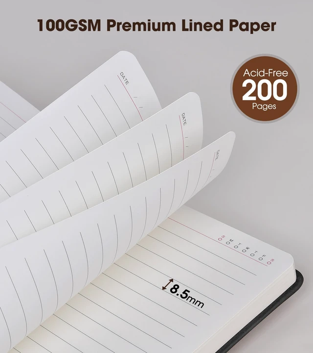 Alt view image 4 of 7 - A5 Lined Leather Journal, 5.9" x 8.4", Hardcover Notebook with Pen 200 Pages 100GSM Thick Ruled Paper, Daily Journal for Men, Women, Work, School, Travel, Business, Home Writing Journaling Set