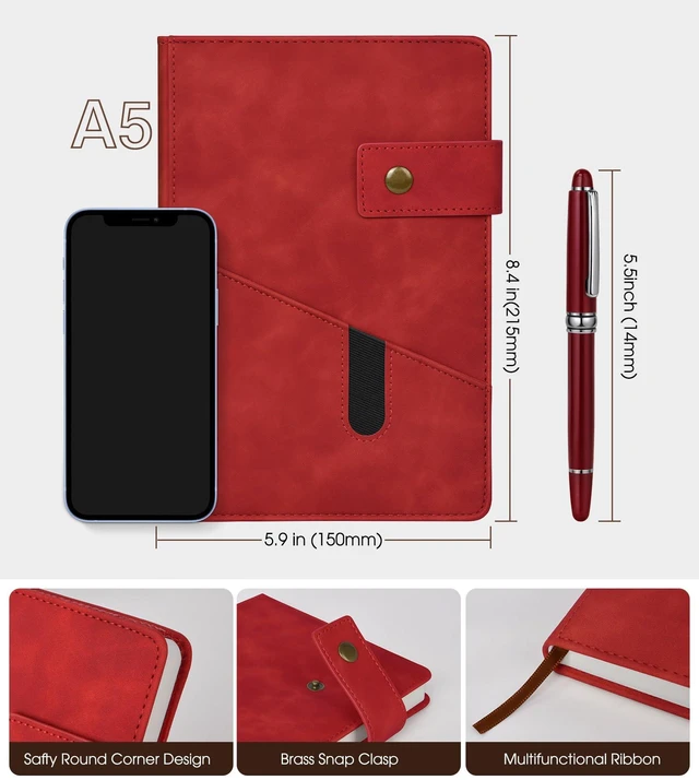 Alt view image 2 of 7 - A5 Lined Leather Journal, 5.9" x 8.4", Hardcover Notebook with Pen 200 Pages 100GSM Thick Ruled Paper, Daily Journal for Men, Women, Work, School, Travel, Business, Home Writing Journaling Set