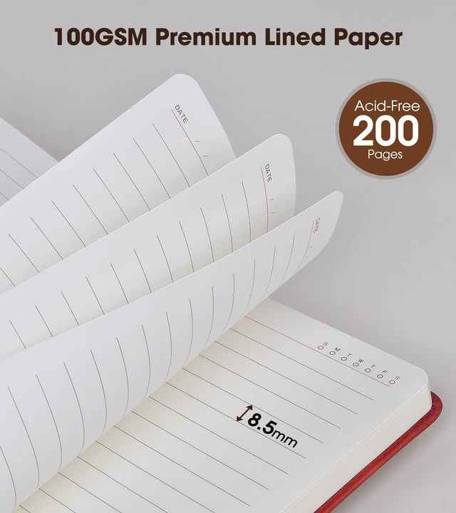 Alt view image 4 of 7 - A5 Lined Leather Journal, 5.9" x 8.4", Hardcover Notebook with Pen 200 Pages 100GSM Thick Ruled Paper, Daily Journal for Men, Women, Work, School, Travel, Business, Home Writing Journaling Set