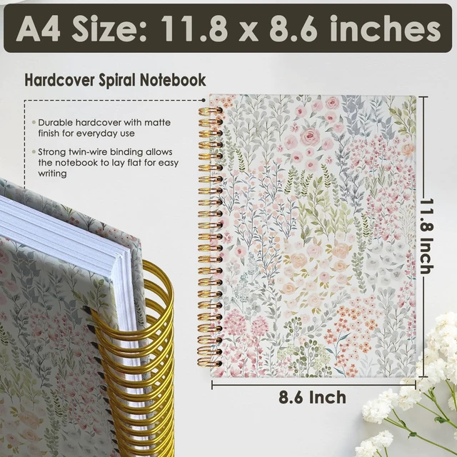 Alt view image 7 of 7 - Cute Notebook, Aesthetic Spiral Notebook for Women A4 Floral Pastel Pretty Hardcover Spiral Notebook for School, Pink Journal for Teen Girls Nurses Teacher - A4 8.5"x11"