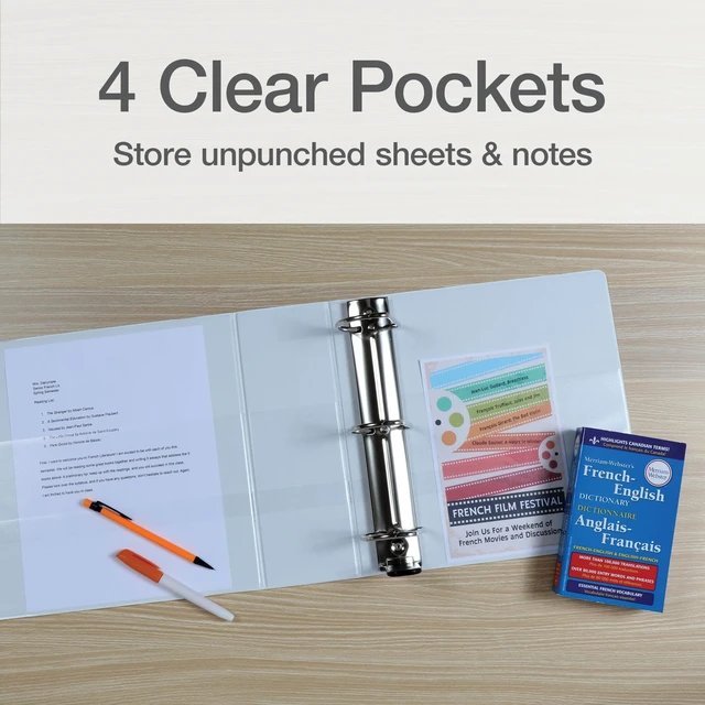 Alt view image 5 of 7 - 3 Ring Binders, Durable Binders for School and Office, 4 Inch, ONE-Touch Easy Open D Rings, View Binder Covers, 4 Interior Pockets, PVC-Free, Holds 880 Sheets, White, 2 Pack (79921)