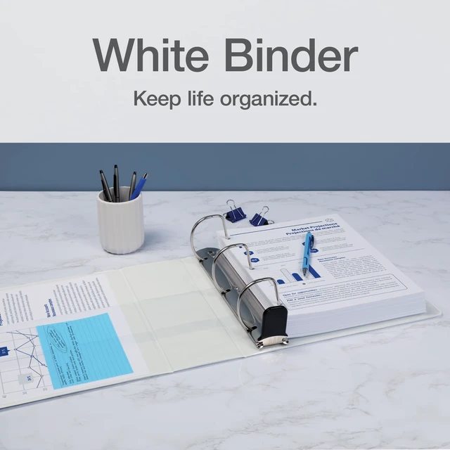 Alt view image 6 of 7 - 3 Ring Binders, Durable Binders for School and Office, 4 Inch, ONE-Touch Easy Open D Rings, View Binder Covers, 4 Interior Pockets, PVC-Free, Holds 880 Sheets, White, 2 Pack (79921)