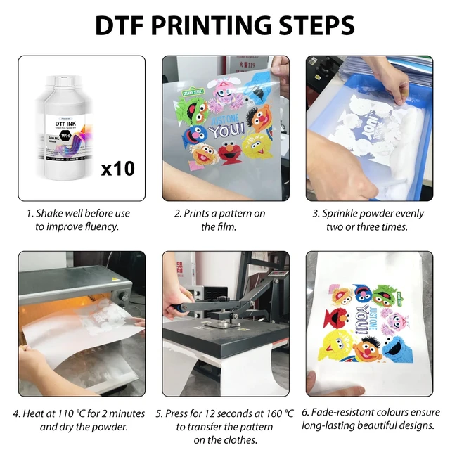 Alt view image 2 of 7 - DTF Ink - 3000ML DTF Transfer Ink for PET Film, Premium Pigment Ink Refill for P600 P800 DX5 DX7 R1390 XP600 i3200 4720 5113 Printers, High Fluidity & Coverage (500ML*6, 2W+BKCMY)