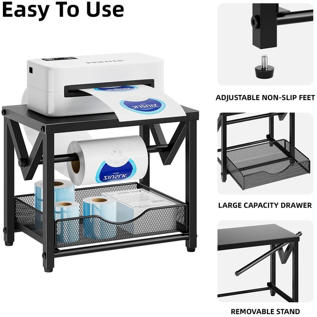 Alt view image 3 of 7 - Label Holder for Rolls and Fanfold Labels, Metal Thermal Label Printer Holder with Drawer, Shipping Label Stand,Sticker Roll Holder for Home, Office, Small Business,Black