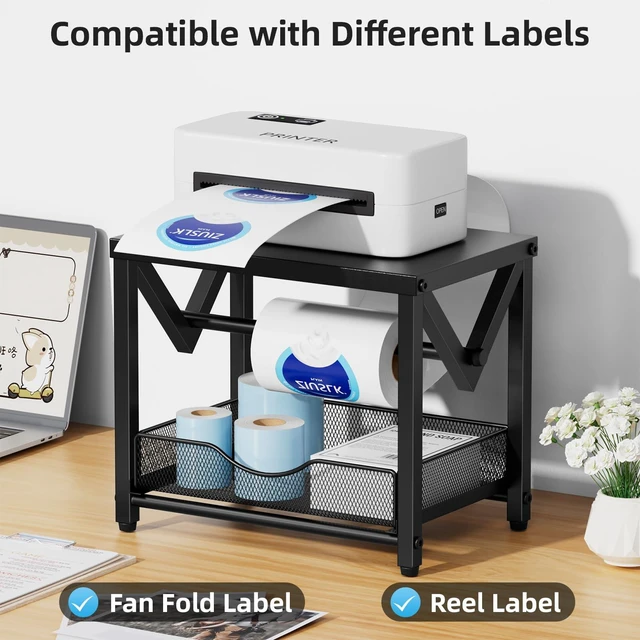 Alt view image 4 of 7 - Label Holder for Rolls and Fanfold Labels, Metal Thermal Label Printer Holder with Drawer, Shipping Label Stand,Sticker Roll Holder for Home, Office, Small Business,Black