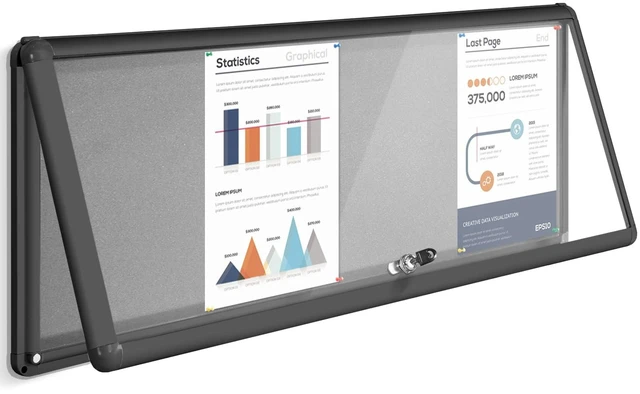 Main image of 38x14 in Enclosed Bulletin Board Lockable Noticeboard, Grey Felt Locking, Tamperproof, Wall Mount, Black Aluminum Frame, with Cover, Secure Display for Office School Business Community