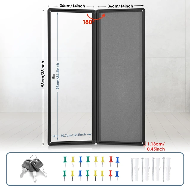 Alt view image 2 of 7 - 38x14 in Enclosed Bulletin Board Lockable Noticeboard, Grey Felt Locking, Tamperproof, Wall Mount, Black Aluminum Frame, with Cover, Secure Display for Office School Business Community