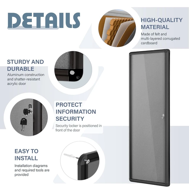 Alt view image 4 of 7 - 38x14 in Enclosed Bulletin Board Lockable Noticeboard, Grey Felt Locking, Tamperproof, Wall Mount, Black Aluminum Frame, with Cover, Secure Display for Office School Business Community