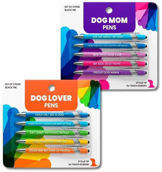 Main image of Funny Dog Mom & Lover Gift Pen Set, 2 Pack of 5-Pen Sets with Black Ink Smooth Writing, Stylus Tip, Metal Barrels, Hilarious Doggy Quotes, Gift for Women, Mother's Day, Birthday