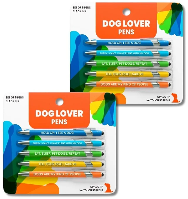 Main image of Funny Dog Lover Gift Pen Set, 2 Pack of 5-Pen Sets w/ Black Ink, Stylus Tip Smooth Writing, Metal Barrel, Doggy-Themed Quotes, Gift for Friends, Vet Tech, Pet Owner, Coworker, Birthdays
