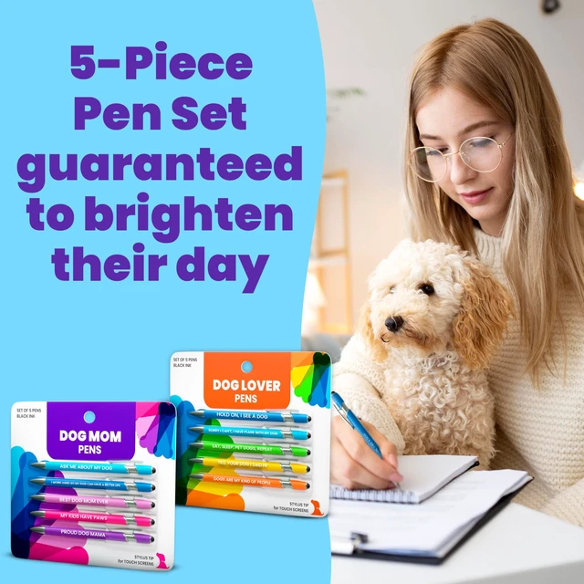 Alt view image 6 of 6 - Funny Dog Mom & Lover Gift Pen Set, 2 Pack of 5-Pen Sets with Black Ink Smooth Writing, Stylus Tip, Metal Barrels, Hilarious Doggy Quotes, Gift for Women, Mother's Day, Birthday