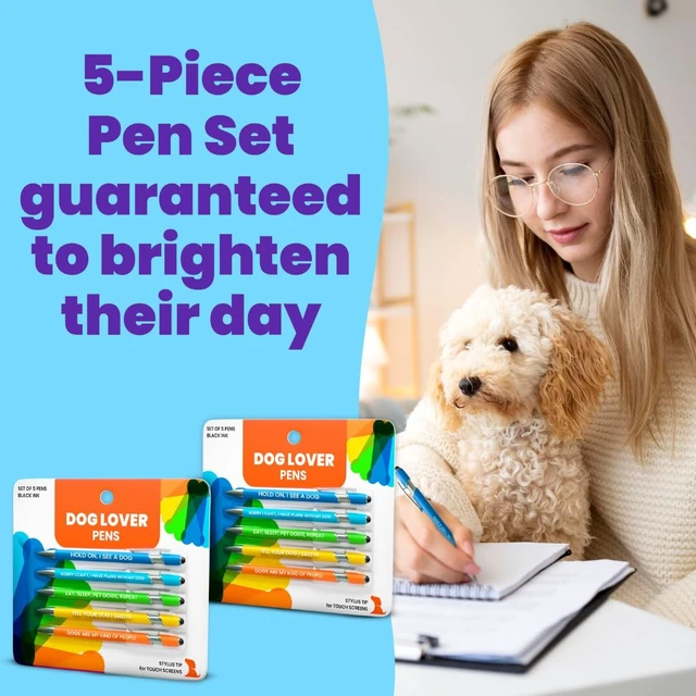 Alt view image 6 of 6 - Funny Dog Lover Gift Pen Set, 2 Pack of 5-Pen Sets w/ Black Ink, Stylus Tip Smooth Writing, Metal Barrel, Doggy-Themed Quotes, Gift for Friends, Vet Tech, Pet Owner, Coworker, Birthdays