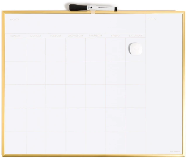 Main image of Magnetic Dry Erase Monthly Calendar Whiteboard 16" x 20", Gold Aluminum Frame, Wall Mounted Planner for Office, Home, and Classroom, Includes Marker and Magnet