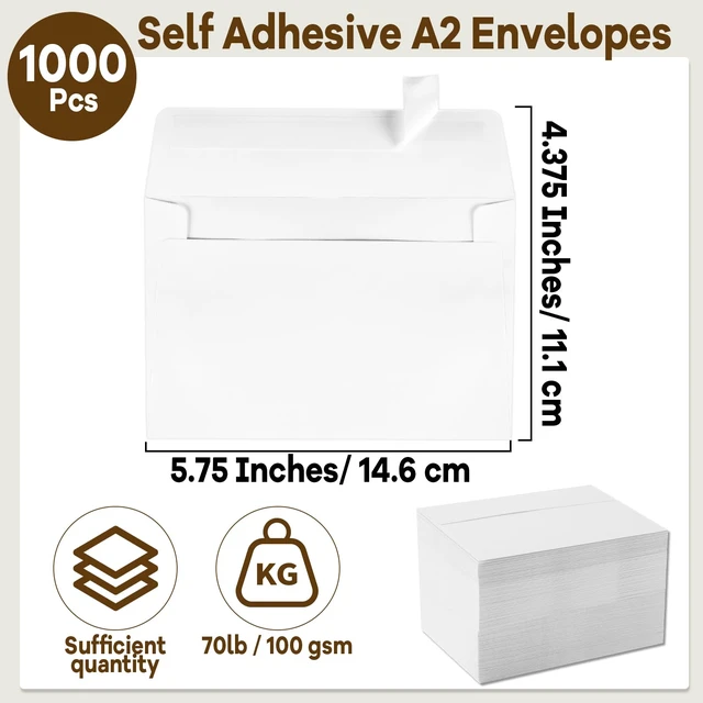 Alt view image 2 of 7 - Self Adhesive Invitation, 1000 Pcs A2 Envelopes 4.375x5.75 Inches Paper Material, Self Seal Envelopes, 1000 Count, For Weddings, Baby Showers, Photos, Notes, Greeting Cards, Easy Mailing