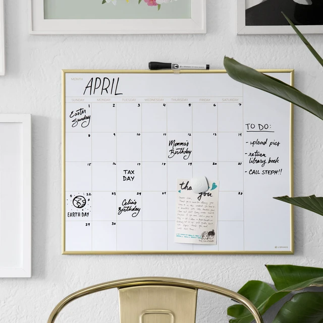 Alt view image 6 of 6 - Magnetic Dry Erase Monthly Calendar Whiteboard 16" x 20", Gold Aluminum Frame, Wall Mounted Planner for Office, Home, and Classroom, Includes Marker and Magnet