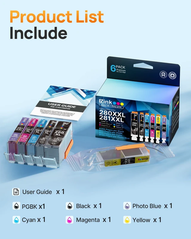 Alt view image 4 of 7 - TS9120 Ink Cartridges Replacement for Canon 280 281 Ink Cartridges PGI 280XXL CLI 281XXL to use with PIXMA TR8620 TS8320 TS8220 TS8120 (PGBK, Black, Photo Blue, Cyan, Magenta, Yellow) 6 Pack