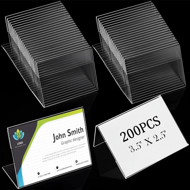 Main image of 200 Pcs 3.5x2.5 Mini Acrylic Sign Holder Slant Back Display Stands Small Business Cards Holder L Shaped Mini Clear Name Display for Desk, Office Classroom Home Office Tags