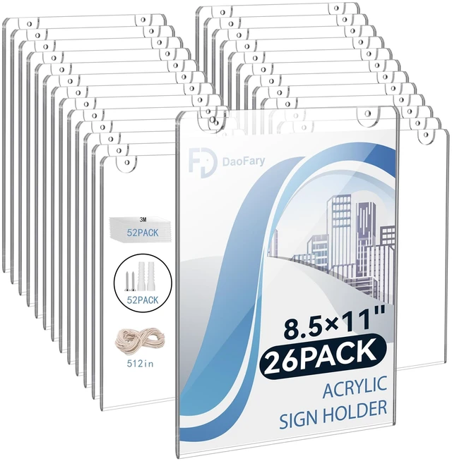 Main image of Acrylic Wall Sign Holder 8.5 x 11, 26 Pack Wall Mount,3-Way Install Clear Acrylic Wall Picture Frame with Adhesive Tape, Screws and Rope; Easy Paper Changes for Offices, Stores and Schools