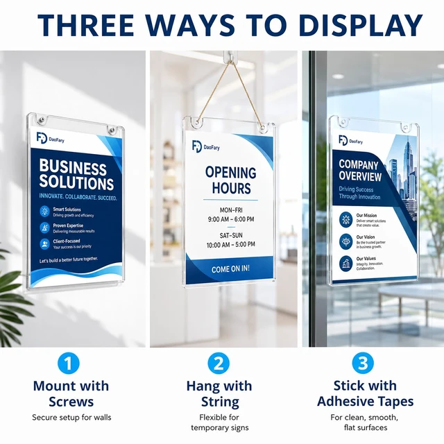 Alt view image 2 of 7 - Acrylic Wall Sign Holder 8.5 x 11, 26 Pack Wall Mount,3-Way Install Clear Acrylic Wall Picture Frame with Adhesive Tape, Screws and Rope; Easy Paper Changes for Offices, Stores and Schools
