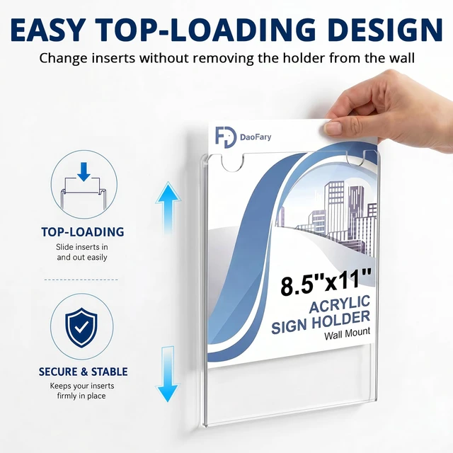 Alt view image 3 of 7 - Acrylic Wall Sign Holder 8.5 x 11, 26 Pack Wall Mount,3-Way Install Clear Acrylic Wall Picture Frame with Adhesive Tape, Screws and Rope; Easy Paper Changes for Offices, Stores and Schools