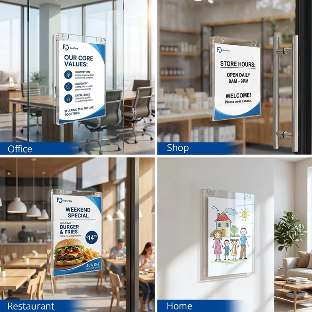 Alt view image 6 of 7 - Acrylic Wall Sign Holder 8.5 x 11, 26 Pack Wall Mount,3-Way Install Clear Acrylic Wall Picture Frame with Adhesive Tape, Screws and Rope; Easy Paper Changes for Offices, Stores and Schools