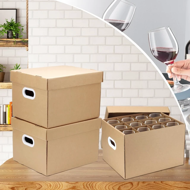 Alt view image 3 of 7 - 4 Pack Wine Glass Dish Moving Boxes with Handles and Lids 15 x 12 x 10 Inches Moving Boxes with Lid Glassware Dish Packing Box Corrugated Dividers for Kitchen Dish Glassware, Brown