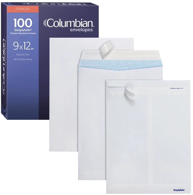 Main image of 9 x 12 Security Envelopes, 100/Box, 9 x 12 Inches, Release & Seal Self Seal, SimplySafe Tamper Evident Pull Strip, White (COLO930)