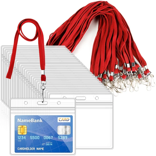 Main image of 30Pcs Horizontal Name Tags Badge ID Card Holders and 30Pcs Red Lanyards Clear Plastic ID Badge Holders with Flat Neck Lanyards with Swivel Hook