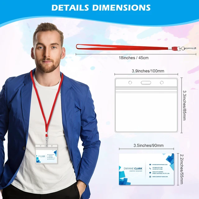 Alt view image 2 of 7 - 30Pcs Horizontal Name Tags Badge ID Card Holders and 30Pcs Red Lanyards Clear Plastic ID Badge Holders with Flat Neck Lanyards with Swivel Hook