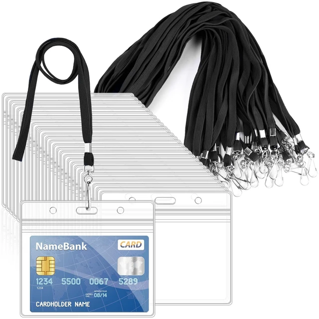 Main image of 30Pcs Clear Plastic Horizontal Name Tags Badge ID Card Holders and 30Pcs Black Flat Neck Lanyards with Swivel Hook