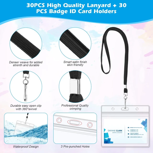 Alt view image 3 of 7 - 30Pcs Clear Plastic Horizontal Name Tags Badge ID Card Holders and 30Pcs Black Flat Neck Lanyards with Swivel Hook