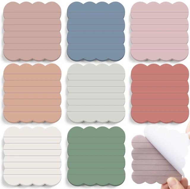Main image of 8 Pack Scalloped Sticky Notes Lined, 3" X 3", Vintage Color Aesthetic Cute Wavy Edges, Self-stick for School Office Desk, 240 Sheets Bulk, Pretty Design for Reminders Planning